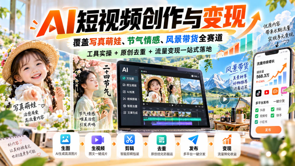 AI短视频创作与变现,覆盖写真萌娃、节气情感、风景带货全赛道,工具实操+原创去重+流量变现一站式落地-泱泱学习社