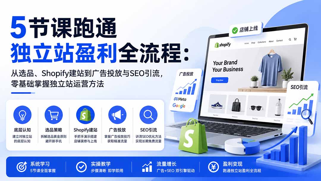 图片[1]-5节课跑通独立站盈利全流程：从选品、Shopify建站到广告投放与SEO引流，零基础掌握独立站运营方法-泱泱学习社
