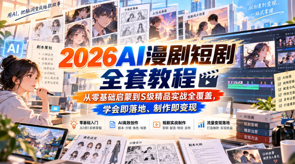 2026AI漫剧短剧全套教程,从零基础启蒙到S级精品实战全覆盖,学会即落地、制作即变现-泱泱学习社