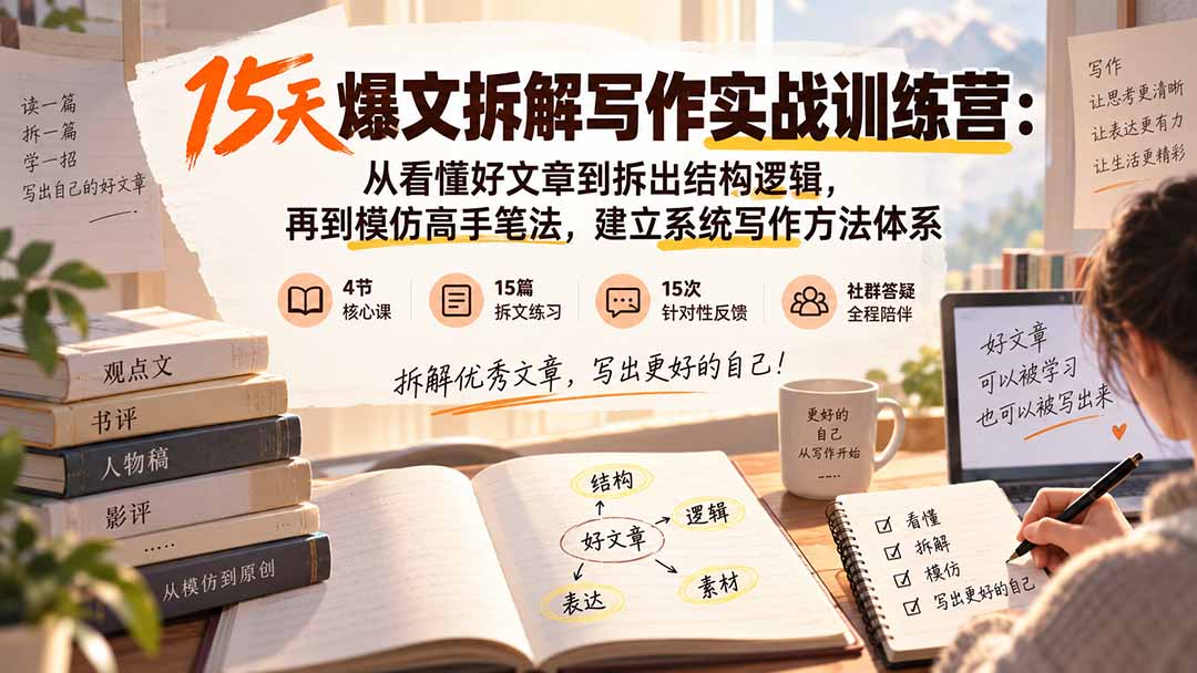 15天爆文拆解写作实战训练营:从看懂好文章到拆出结构逻辑,再到模仿高手笔法,建立系统写作方法体系-泱泱学习社