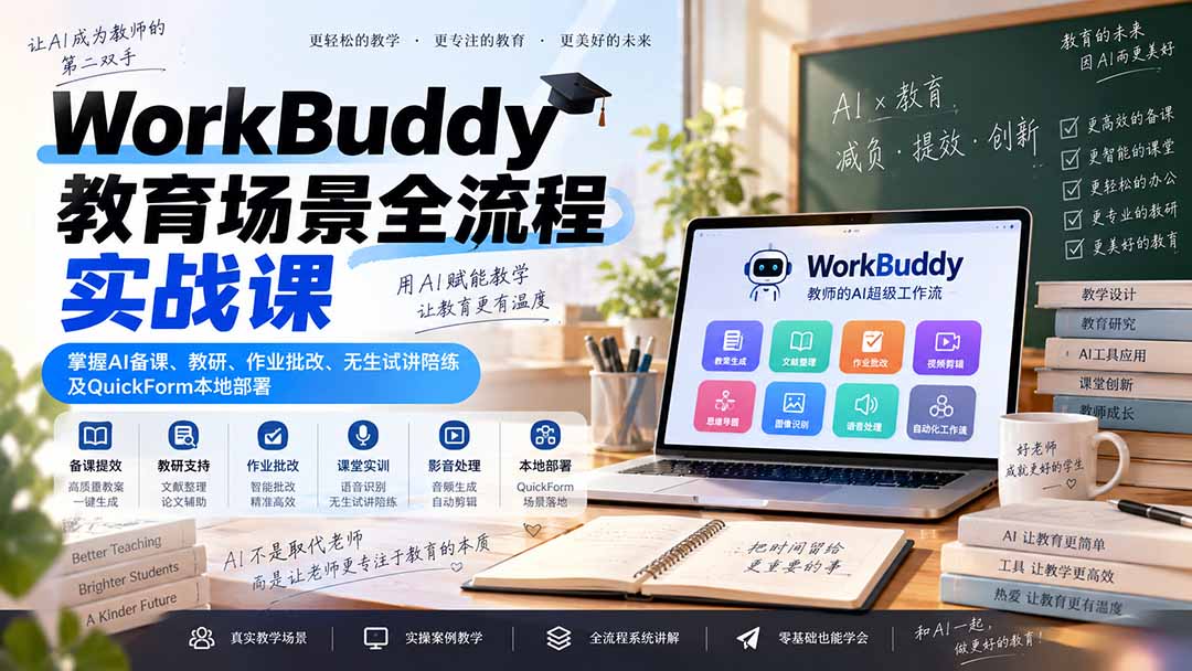WorkBuddy教育场景全流程实战课:掌握AI备课、教研、作业批改、无生试讲陪练及QuickForm本地部署-泱泱学习社