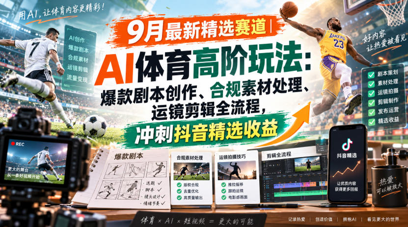某大佬的9月最新精选赛道之AI体育顶级玩法,爆款剧本创作、版权规避、运镜剪辑全流程,稳拿抖音精选收益-泱泱学习社