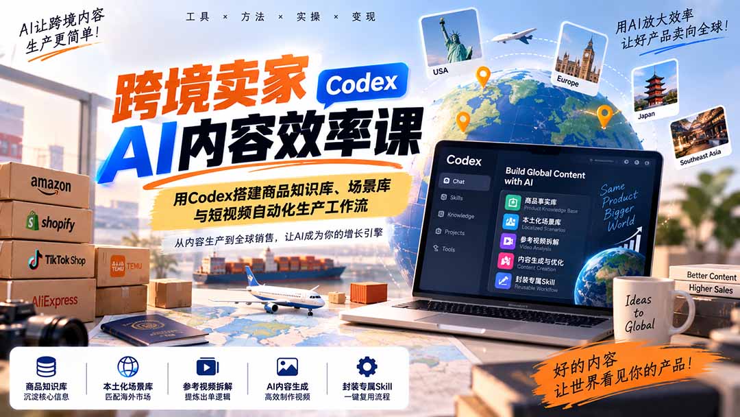 跨境卖家AI内容效率课：用Codex搭建商品知识库、场景库与短视频自动化生产工作流-泱泱学习社