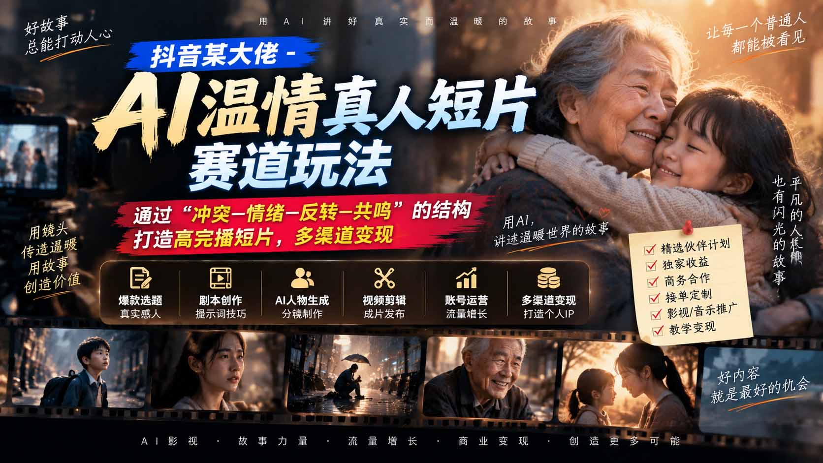 抖音某大佬-AI温情真人短片赛道玩法：通过“冲突—情绪—反转—共鸣”的结构打造高完播短片，多渠道变现-泱泱学习社