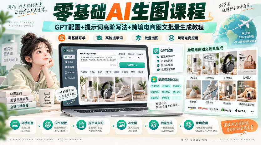 零基础AI生图课程,GPT配置+提示词高阶写法+跨境电商图文批量生成教程-泱泱学习社