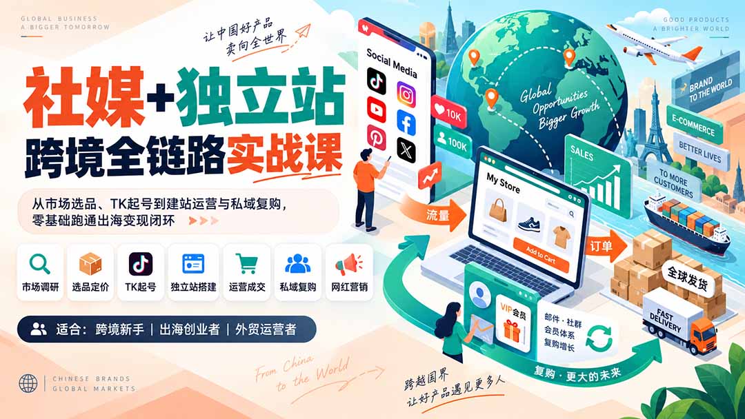 社媒+独立站跨境全链路实战课：从市场选品、TK起号到建站运营与私域复购，零基础跑通出海变现闭环-泱泱学习社