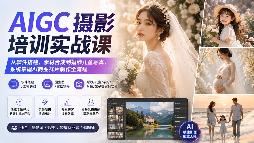 AIGC摄影培训实战课：从软件搭建、素材合成到婚纱儿童写真，系统掌握AI商业样片制作全流程-泱泱学习社