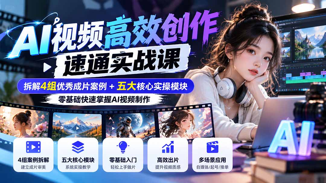 【无水印】AI视频高效创作速通实战课：拆解4组优秀成片案例+五大核心实操模块，零基础快速掌握AI视频制作-泱泱学习社