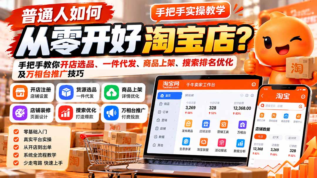 普通人如何从零开好淘宝店?手把手教你开店选品、一件代发、商品上架、搜索排名优化及万相台推广技巧-泱泱学习社