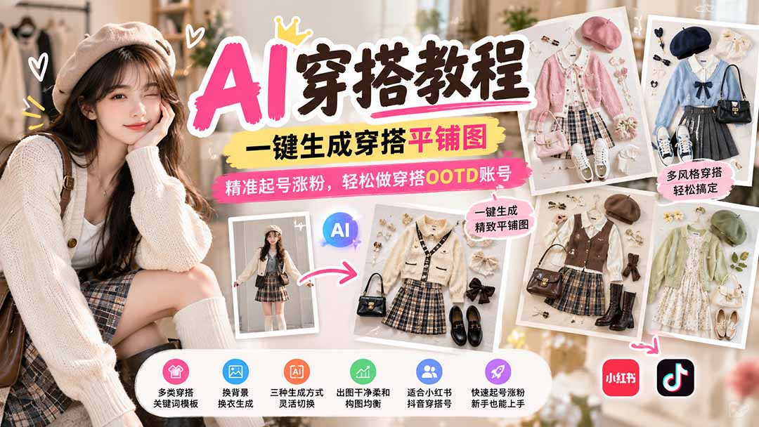 【无水印】AI穿搭教程|一键生成穿搭平铺图,精准起号涨粉,轻松做穿搭OOTD账号-泱泱学习社