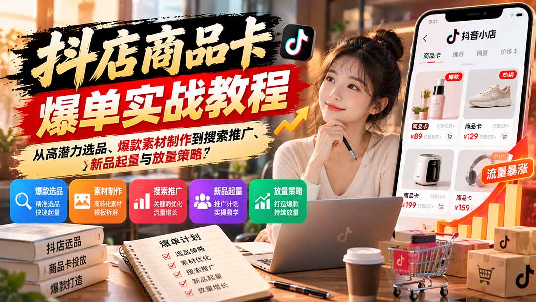 抖店商品卡爆单实战教程：从高潜力选品、爆款素材制作到搜索推广、新品起量与放量策略-泱泱学习社