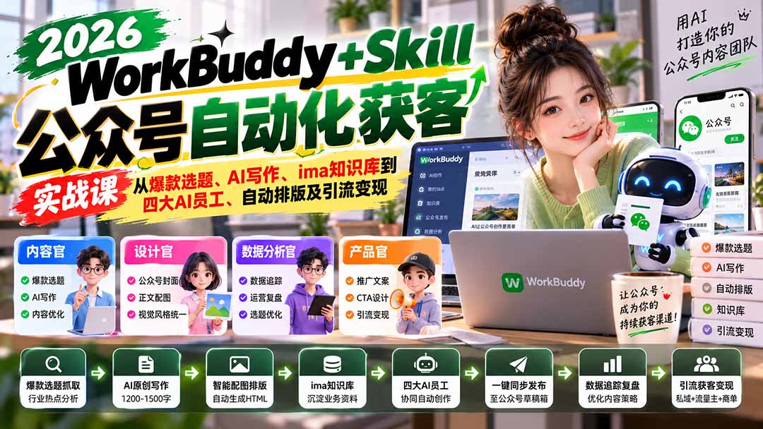WorkBuddy + Skill公众号自动化获客实战课：从爆款选题、AI写作、ima知识库到四大AI员工、自动排版及引流变现-泱泱学习社