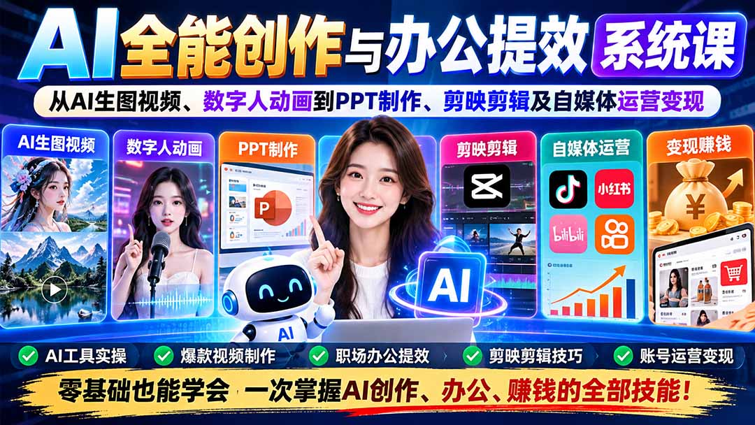 AI全能创作与办公提效系统课:从AI生图视频、数字人动画到PPT制作、剪映剪辑及自媒体运营变现-泱泱学习社