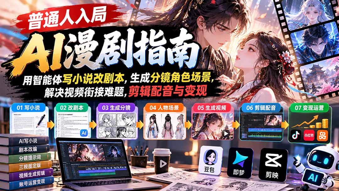 【无水印】普通人入局AI漫剧指南:用智能体写小说改剧本,生成分镜角色场景,解决视频衔接难题,剪辑配音与变现-泱泱学习社
