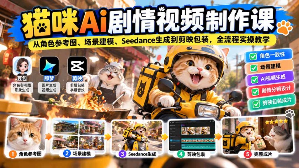 猫咪AI剧情视频制作课:从角色参考图、场景建模、Seedance生成到剪映包装,全流程实操教学-泱泱学习社