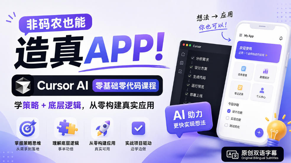 非码农也能造真APP！Cursor AI零基础零代码课程：学策略+底层逻辑，从零构建真实应用【原创双语字幕】-泱泱学习社