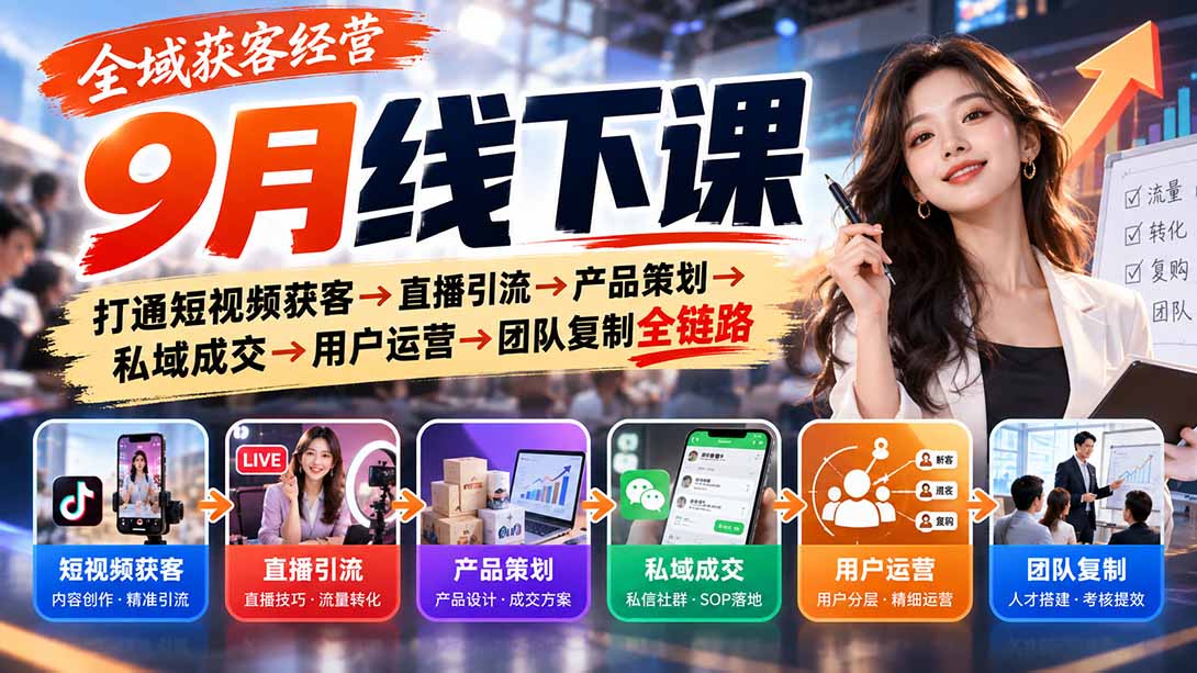 全域获客经营9月线下课:打通短视频获客→直播引流→产品策划→私域成交→用户运营→团队复制全链路-泱泱学习社