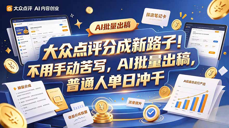 大众点评副业新玩法,工具提效解放双手,批量做笔记,单日可破千-泱泱学习社