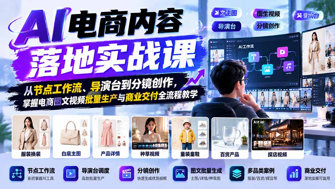 AI电商内容落地实战课:从节点工作流、导演台到分镜创作,掌握电商图文视频批量生产与商业交付全流程教学-泱泱学习社