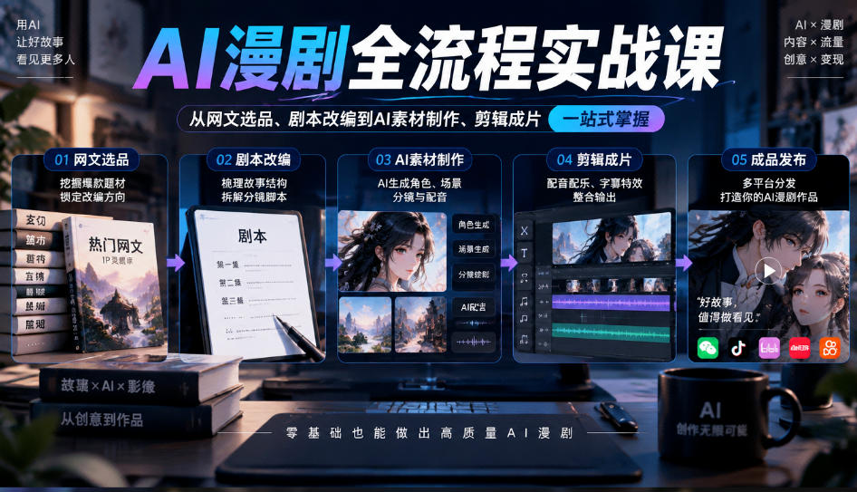 AI漫剧全流程实战课，覆盖从网文选品、剧本改编到AI素材制作、剪辑成片的完整链路-泱泱学习社