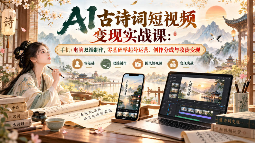 AI古诗词短视频变现实战课：手机+电脑双端制作，零基础学起号运营、创作分成与收徒变现-泱泱学习社