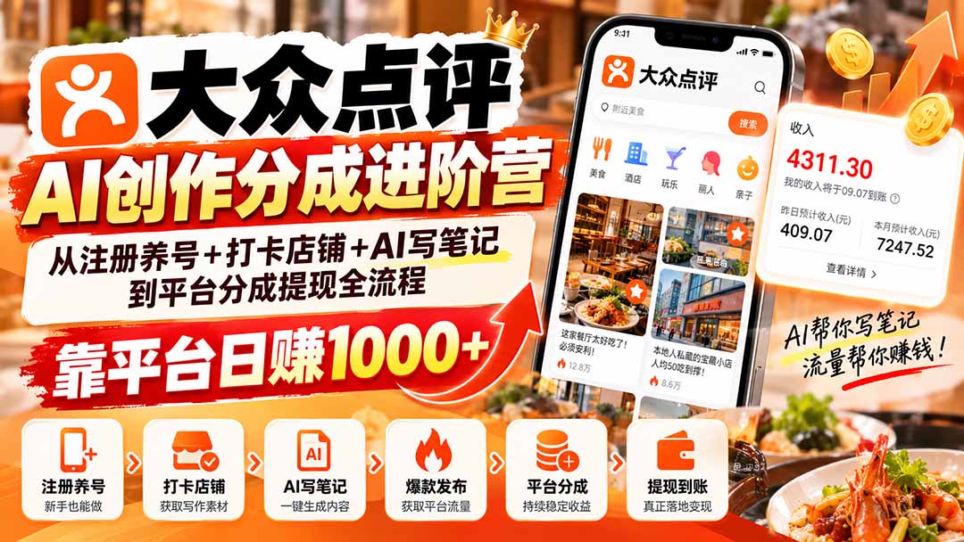 大众点评AI创作分成进阶营:从注册养号+打卡店铺+AI写笔记到平台分成提现全流程,靠平台日赚1000+-泱泱学习社