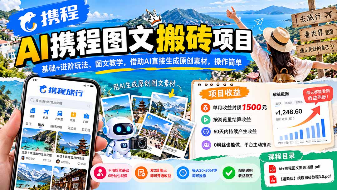 AI携程图文搬砖项目,基础+进阶玩法,图文教学,借助AI直接生成原创素材,操作简单-泱泱学习社