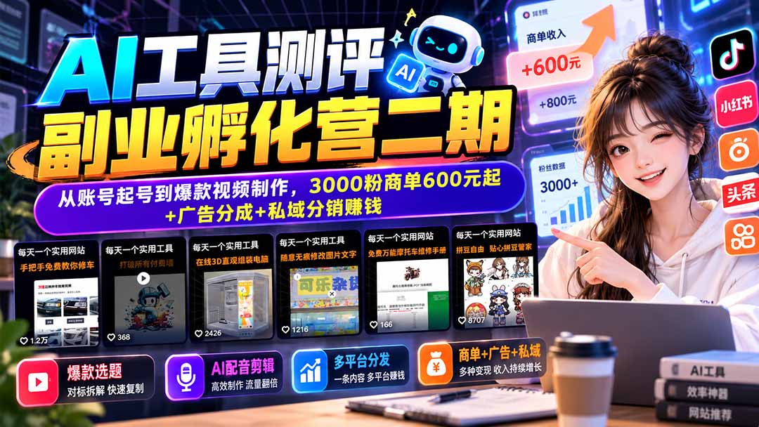 AI工具测评副业孵化营二期：从账号起号到爆款视频制作，3000粉商单600元起+广告分成+私域分销赚钱-泱泱学习社
