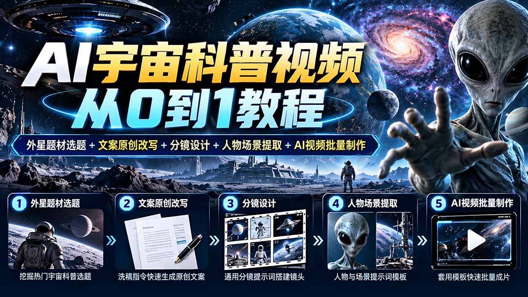 AI宇宙科普视频从0到1教程|外星题材选题+文案原创改写+分镜设计+人物场景提取+AI视频批量制作-泱泱学习社