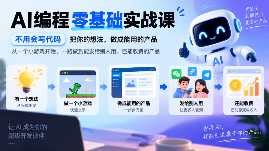 AI编程零基础实战课,不用会写代码,把你的想法,做成能用的产品,从一个小游戏开始,一路做到能发给别人用、还能收费的产品-泱泱学习社