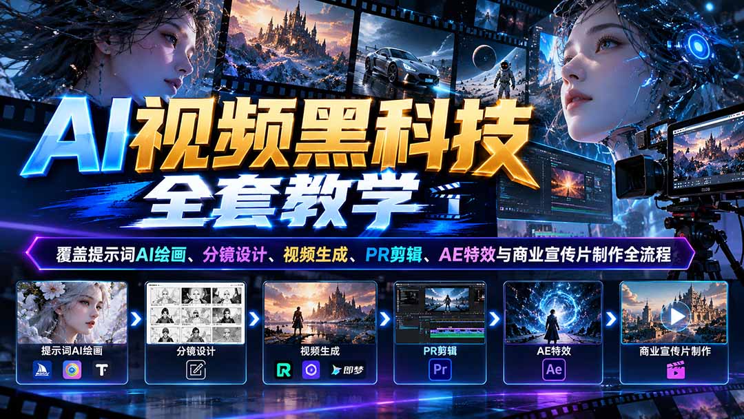 AI视频黑科技全套教学：覆盖提示词AI绘画、分镜设计、视频生成、PR剪辑、AE特效与商业宣传片制作全流程-泱泱学习社