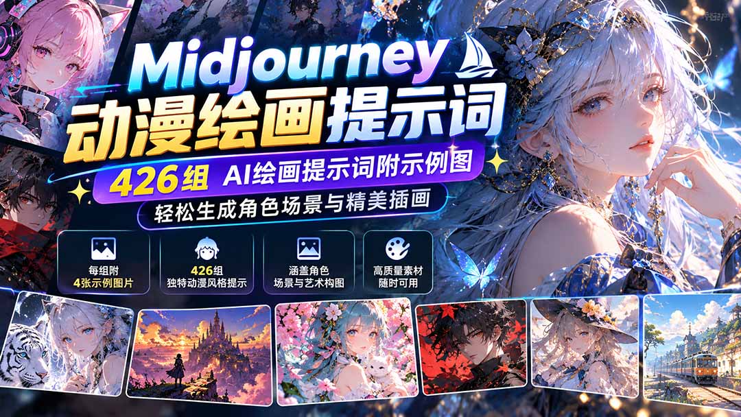 Midjourney动漫绘画提示词：426组AI绘画提示词附示例图，轻松生成角色场景与精美插画-泱泱学习社
