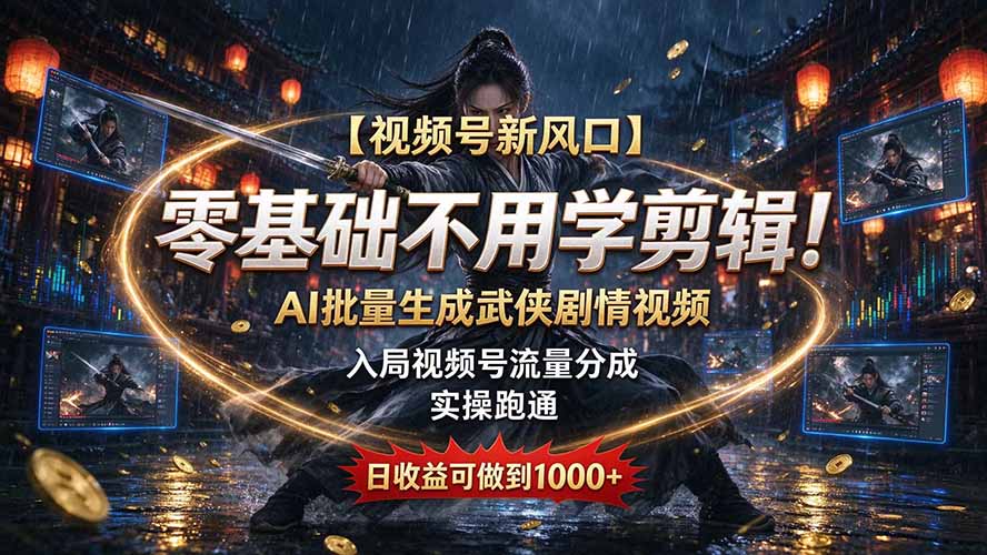 【视频号新风口】零基础不用学剪辑!AI 批量生成武侠剧情视频,入局视频号流量分成,实操跑通,日收益可做到 1000+-泱泱学习社