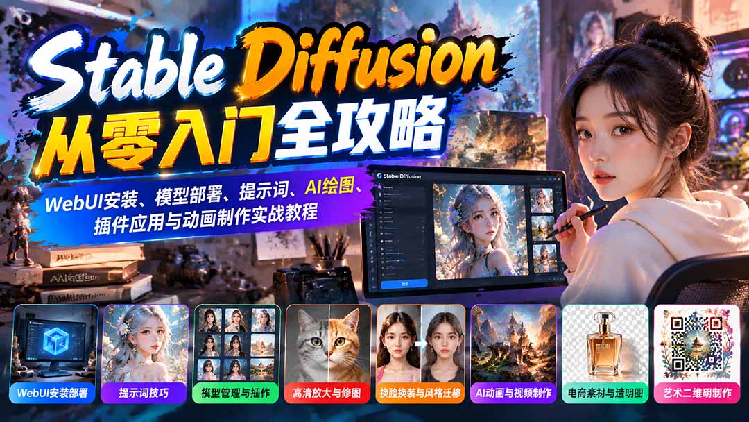 Stable Diffusion从零入门全攻略:WebUI安装、模型部署、提示词、AI绘图、插件应用与动画制作实战教程-泱泱学习社