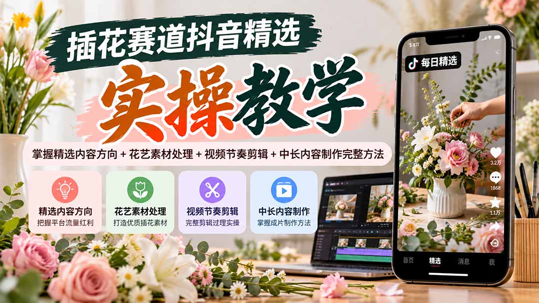 插花赛道抖音精选实操教学:掌握精选内容方向+花艺素材处理+视频节奏剪辑+中长内容制作完整方法-泱泱学习社