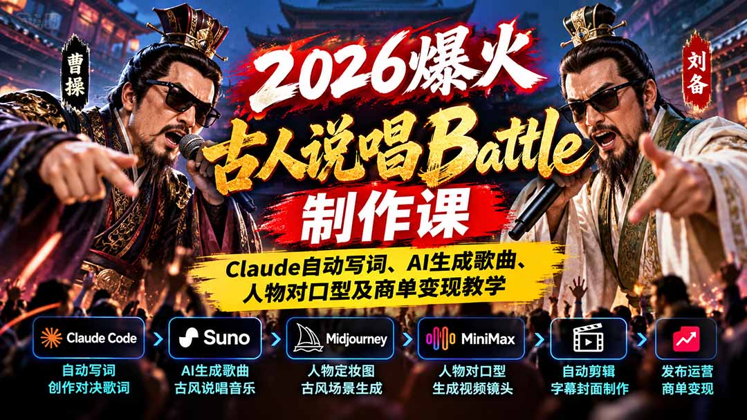 2026爆火古人说唱Battle制作课:Claude自动写词、AI生成歌曲、人物对口型及商单变现教学-泱泱学习社