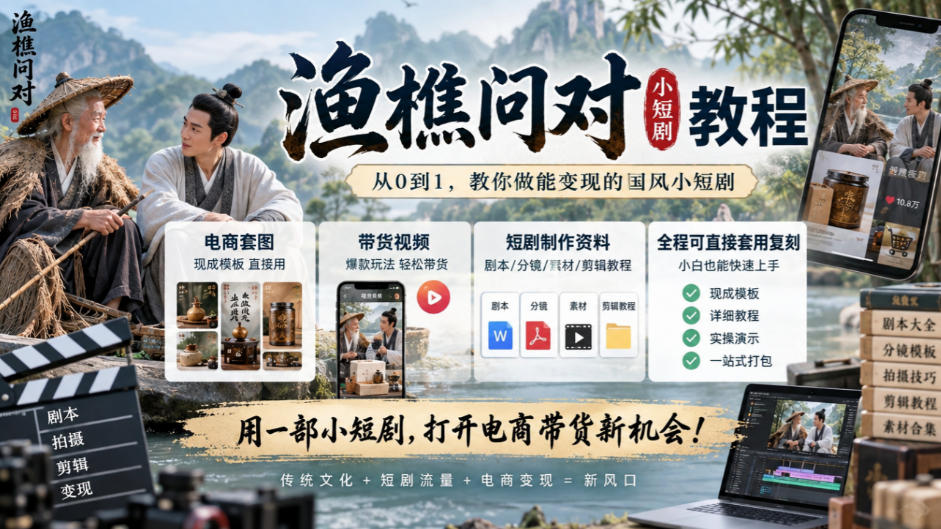 渔樵问对小短剧教程，包含电商套图、带货视频，短剧制作资料，全程可直接套用复刻-泱泱学习社