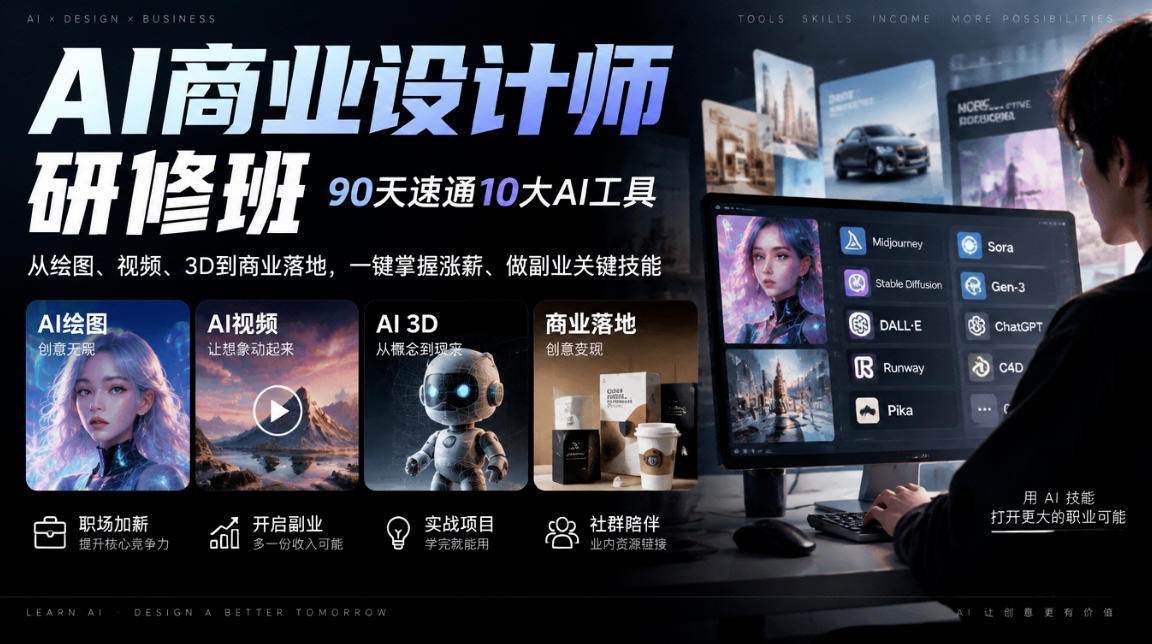 AI商业设计师研修班,90天速通10大AI工具,从绘图、视频、3D到商业落地,一键掌握涨薪、做副业关键技能-泱泱学习社