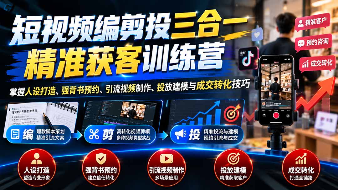 短视频编剪投三合一精准获客训练营：掌握人设打造、强背书预约、引流视频制作、投放建模与成交转化技巧-泱泱学习社