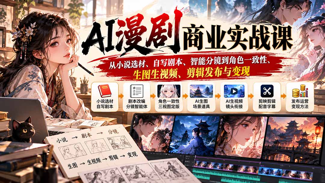 AI漫剧商业实战课：从小说选材、自写剧本、智能分镜到角色一致性、生图生视频、剪辑发布与变现-泱泱学习社