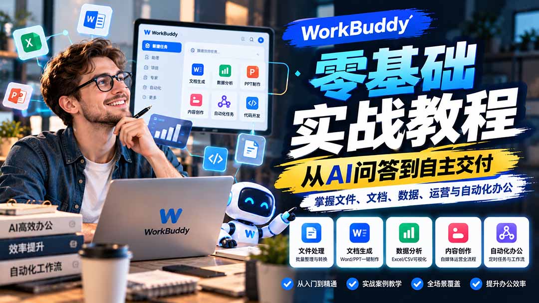 WorkBuddy零基础实战教程:从AI问答到自主交付,掌握文件、文档、数据、运营与自动化办公-泱泱学习社