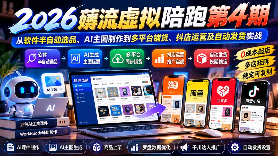 2026薅流虚拟陪跑第4期：从软件半自动选品、AI主图制作到多平台铺货、抖店运营及自动发货实战-泱泱学习社