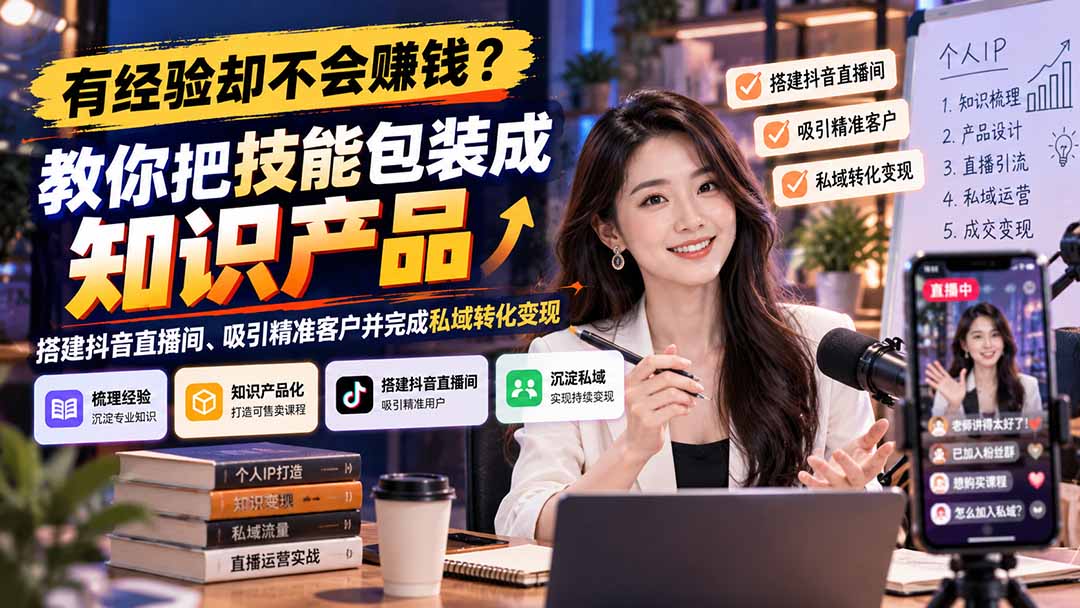 有经验却不会赚钱?教你把技能包装成知识产品,搭建抖音直播间、吸引精准客户并完成私域转化变现-泱泱学习社