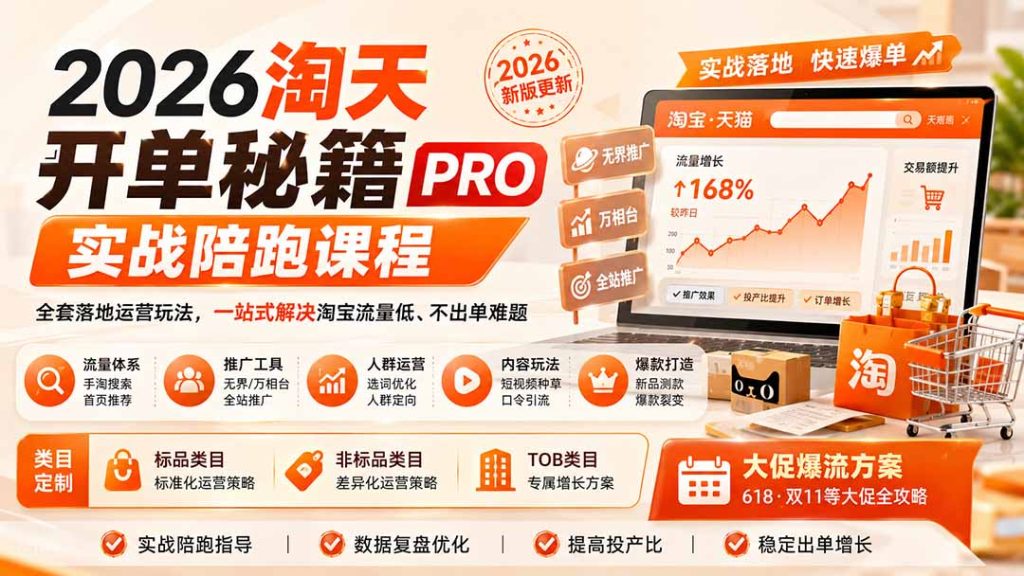2026淘天开单秘籍PRO实战陪跑课程-更新1012:全套落地运营玩法,一站式解决淘宝流量低、不出单难题-泱泱学习社