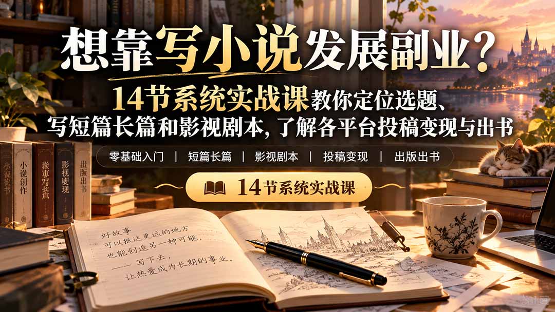 【无水印】想靠写小说发展副业？14节系统实战课教你定位选题、写短篇长篇和影视剧本，了解各平台投稿变现与出书-泱泱学习社