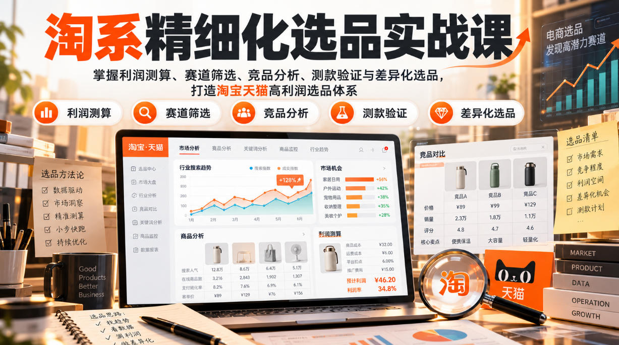 货架电商精细化选品实战课:掌握利润测算、赛道筛选、竞品分析、测款验证与差异化选品,打造淘宝天猫高利润选品体系-泱泱学习社