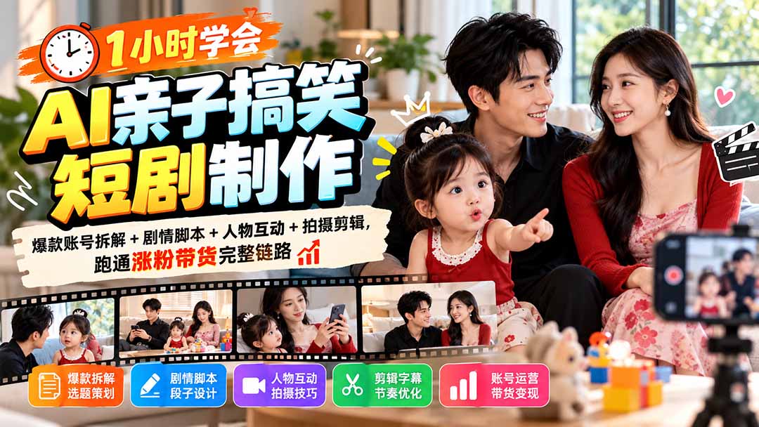1小时学会AI亲子搞笑短剧制作：爆款账号拆解+剧情脚本+人物互动+拍摄剪辑，跑通涨粉带货完整链路-泱泱学习社