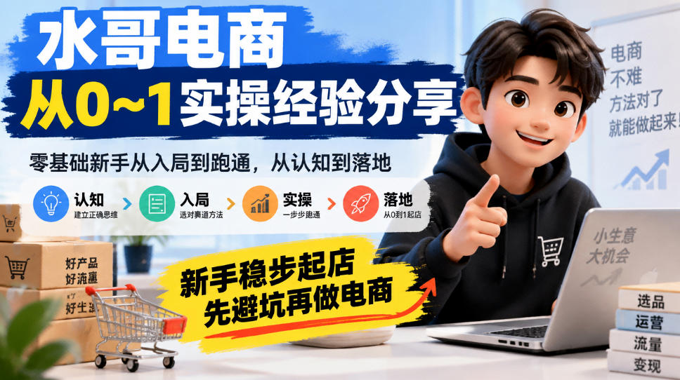 水哥电商从0~1实操经验分享,零基础新手从入局到跑通,从认知到落地,新手稳步起店,先避坑再做电商-泱泱学习社