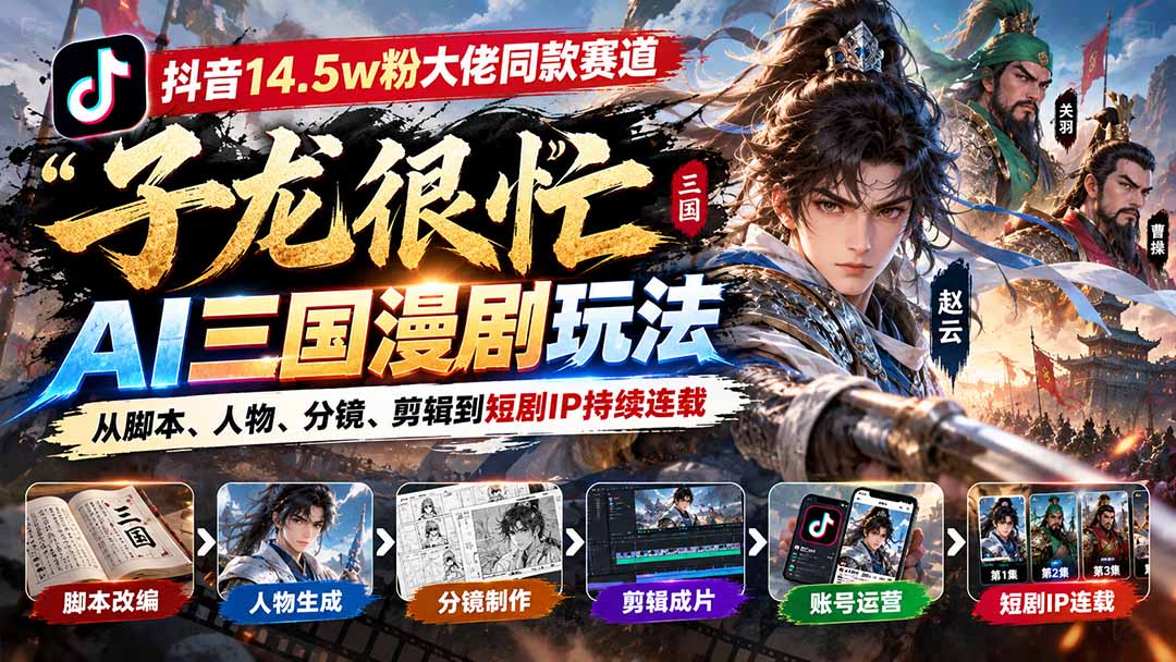 抖音14.5w粉大佬同款赛道「子龙很忙」AI三国漫剧玩法：从脚本、人物、分镜、剪辑到短剧IP持续连载-泱泱学习社