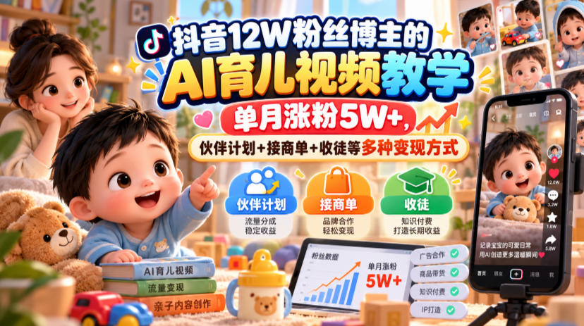 抖音12W粉丝博主的AI育儿视频教学，单月涨粉5W+，伙伴计划+接商单+收徒等多种变现方式-泱泱学习社